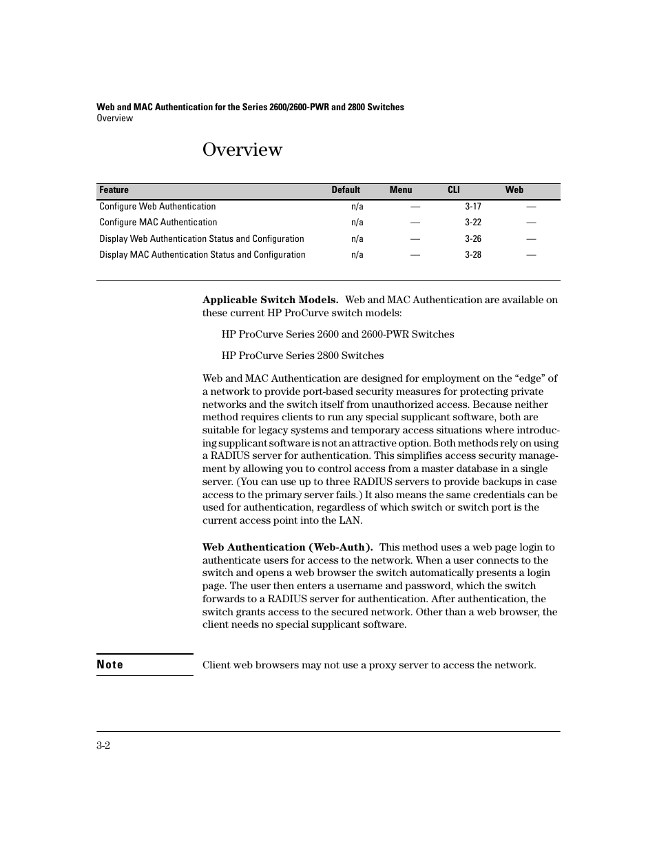 Overview, Applicable switch models, Web authentication (web-auth) | Overview -2 | HP 2800 User Manual | Page 46 / 300