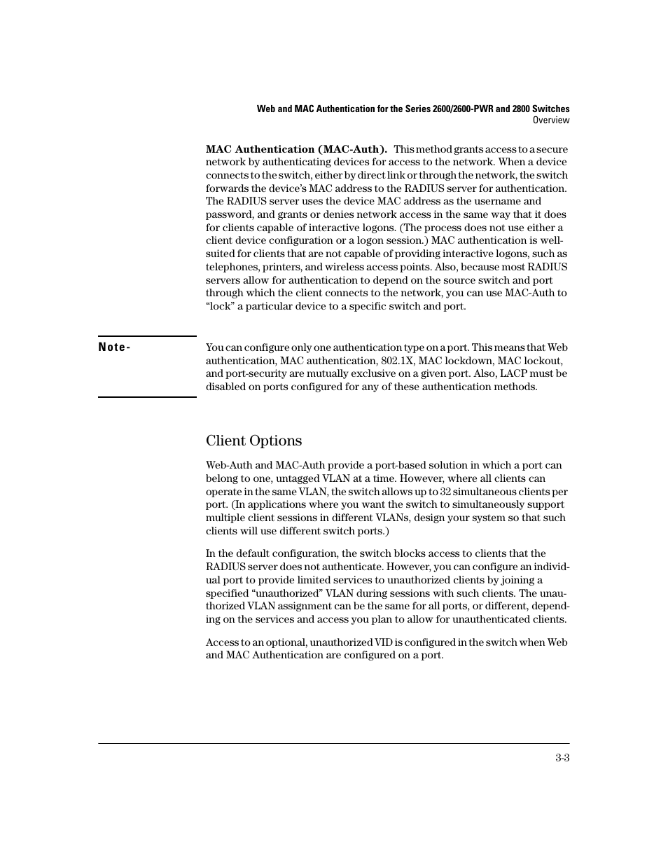 Mac authentication (mac-auth), Client options, Client options -3 | HP 2800 User Manual | Page 47 / 300