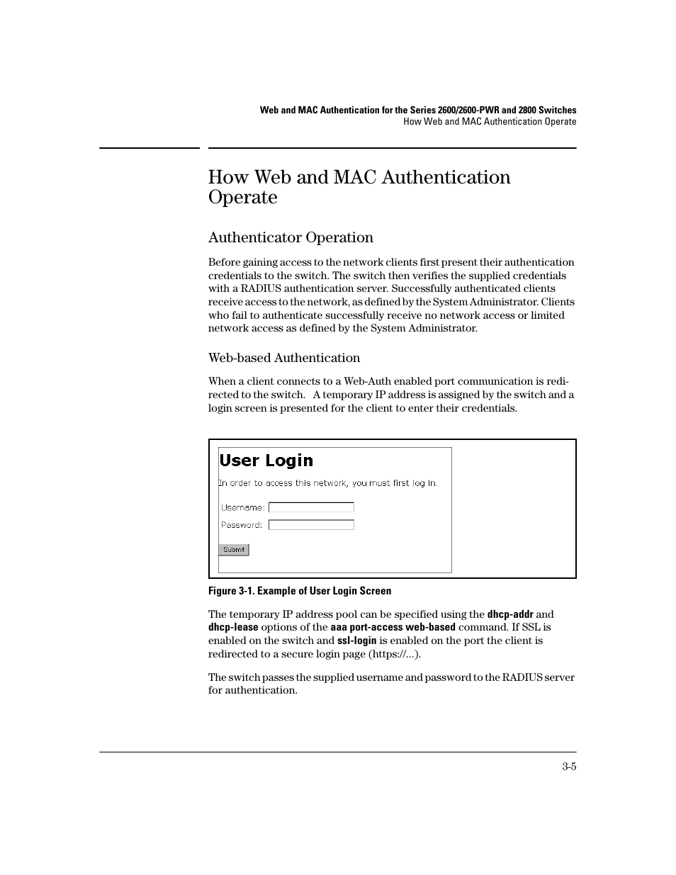 How web and mac authentication operate, Authenticator operation, Web-based authentication | How web and mac authentication operate -5, Authenticator operation -5 | HP 2800 User Manual | Page 49 / 300