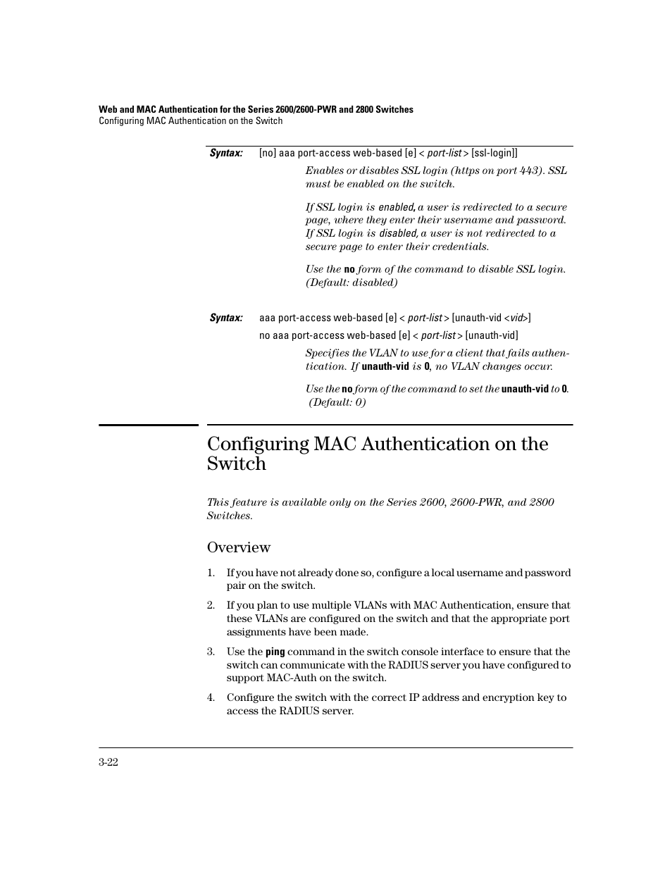 Configuring mac authentication on the switch, Overview, Configuring mac authentication on the switch -22 | Overview -22 | HP 2800 User Manual | Page 66 / 300