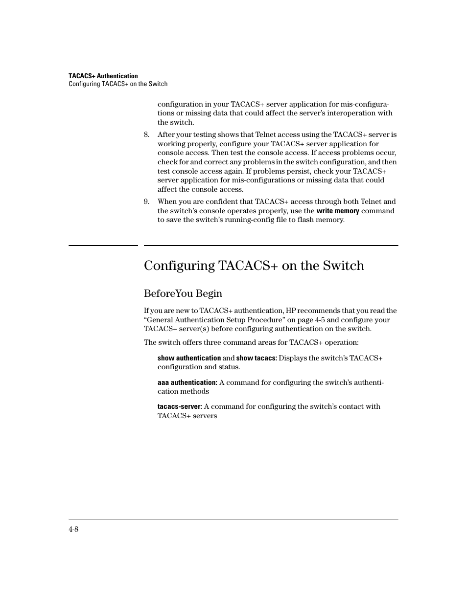 Configuring tacacs+ on the switch, Beforeyou begin, Configuring tacacs+ on the switch -8 | Beforeyou begin -8 | HP 2800 User Manual | Page 82 / 300