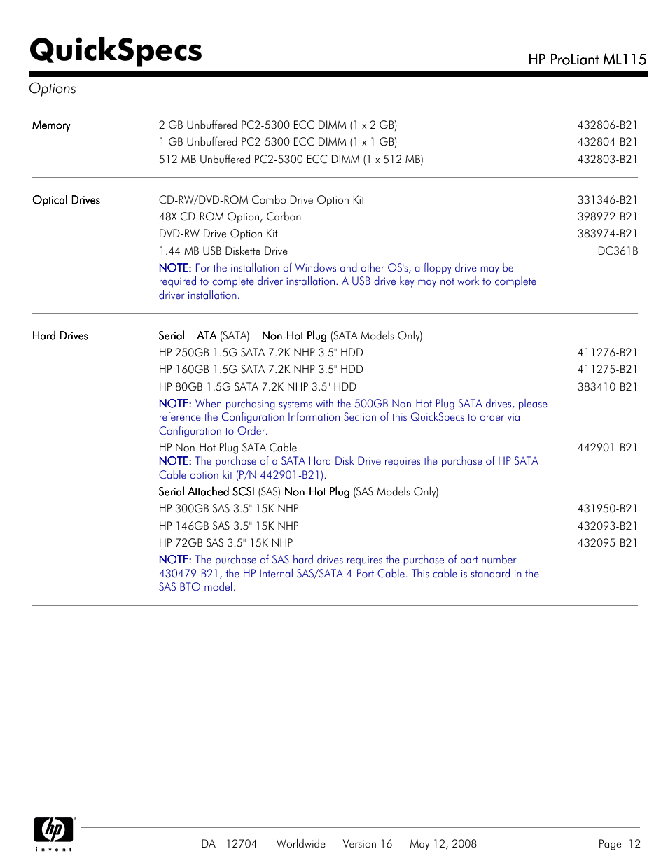 Options, Quickspecs, Hp proliant ml115 | Hp proliant ml115 options | HP ML115 User Manual | Page 12 / 26