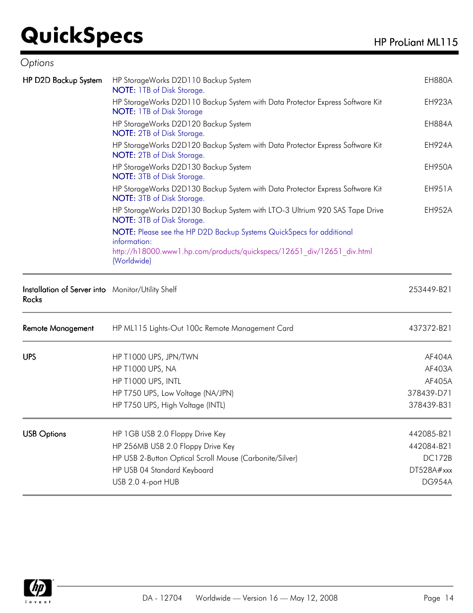 Quickspecs, Hp proliant ml115, Hp proliant ml115 options | HP ML115 User Manual | Page 14 / 26