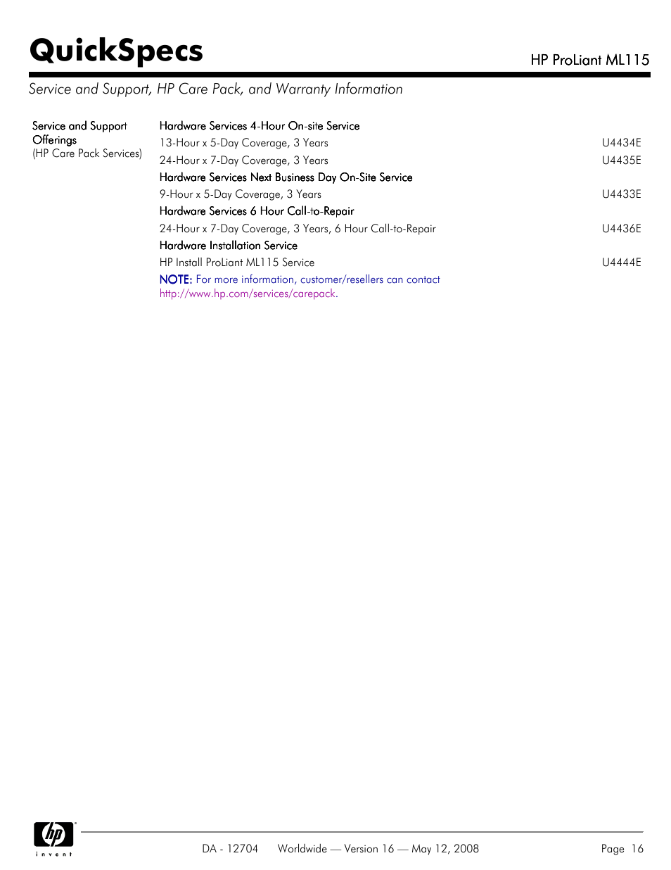 Quickspecs, Hp proliant ml115 | HP ML115 User Manual | Page 16 / 26