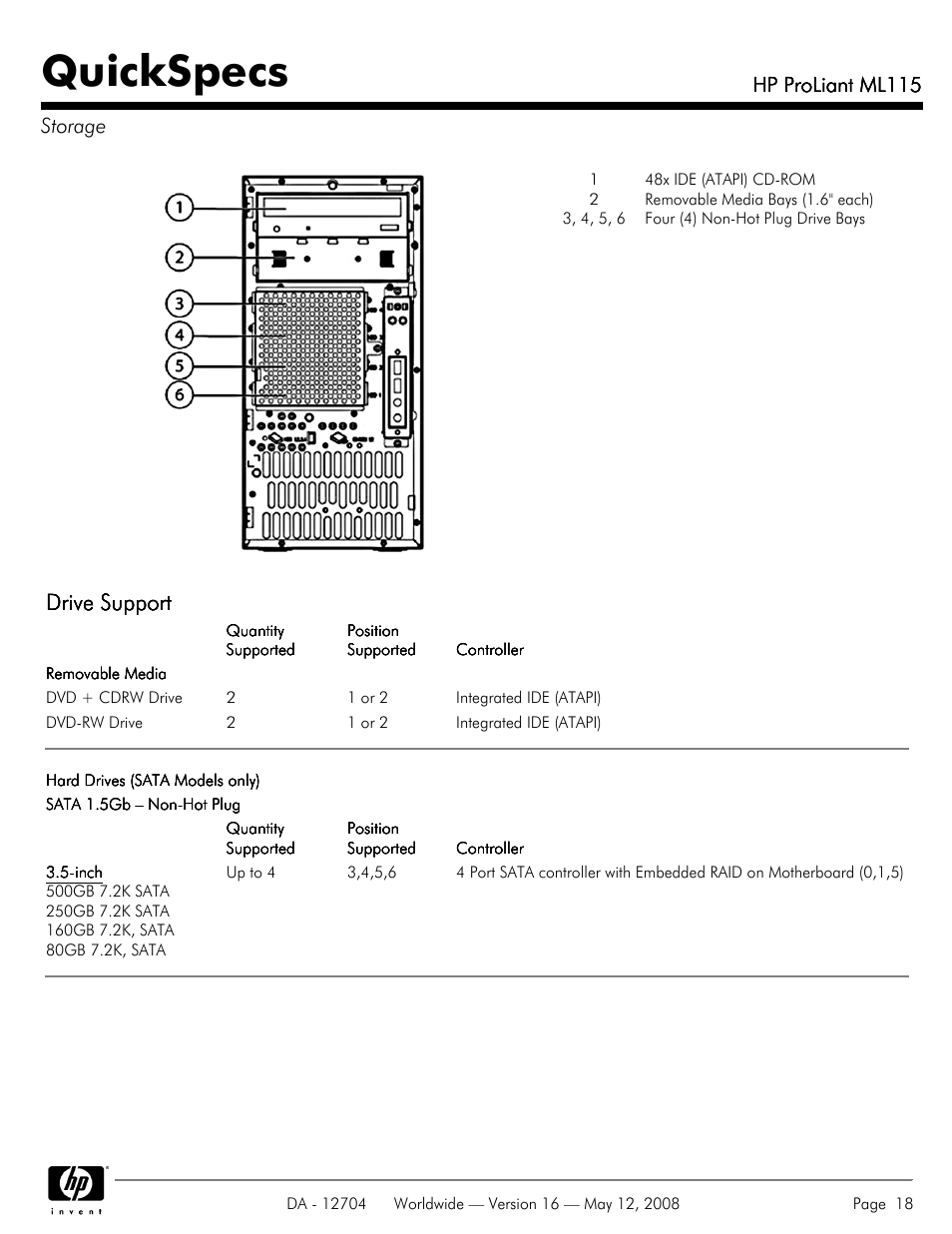 Storage, Quickspecs, Drive support | Hp proliant ml115, Hp proliant ml115 storage | HP ML115 User Manual | Page 18 / 26