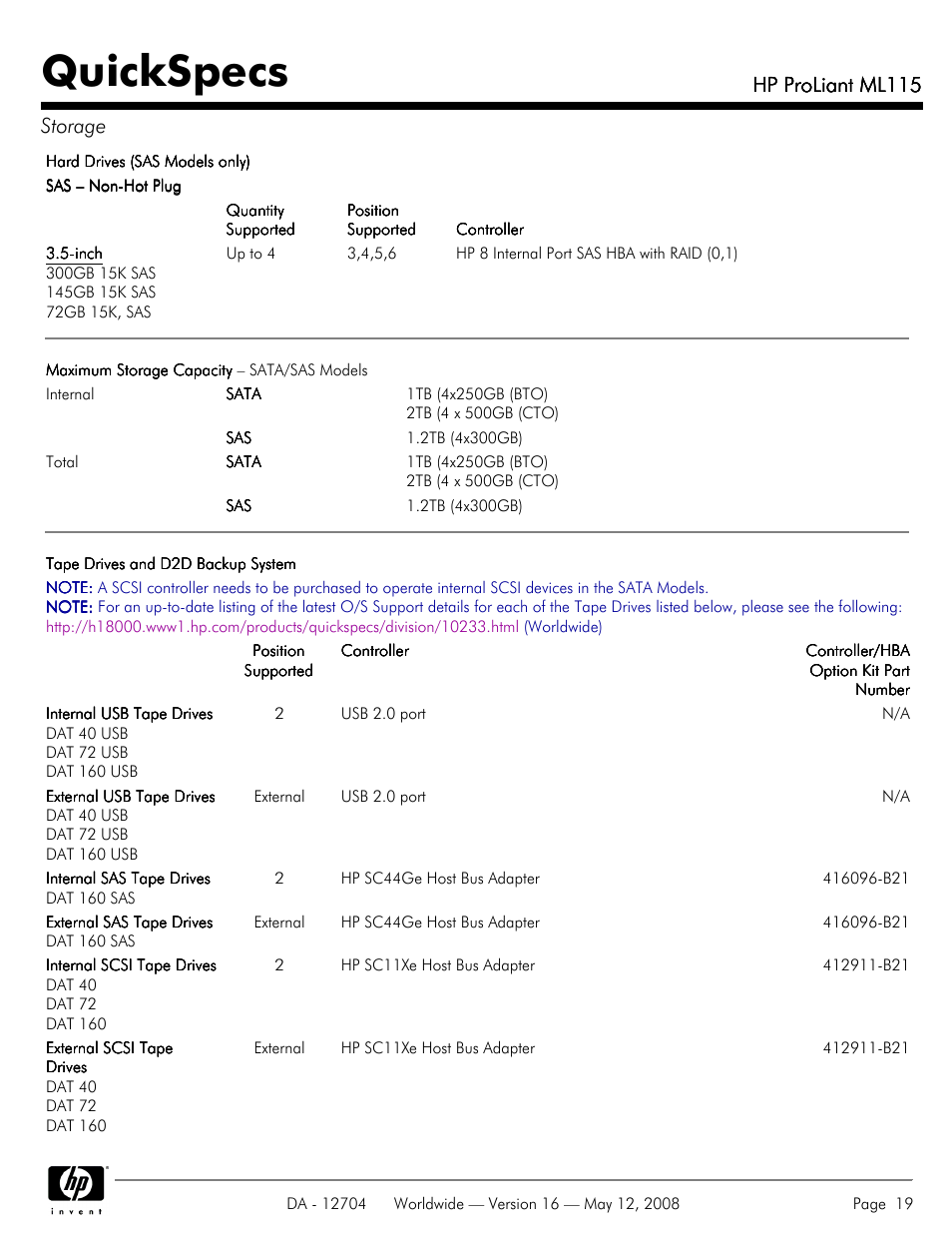 Quickspecs, Hp proliant ml115, Hp proliant ml115 storage | HP ML115 User Manual | Page 19 / 26