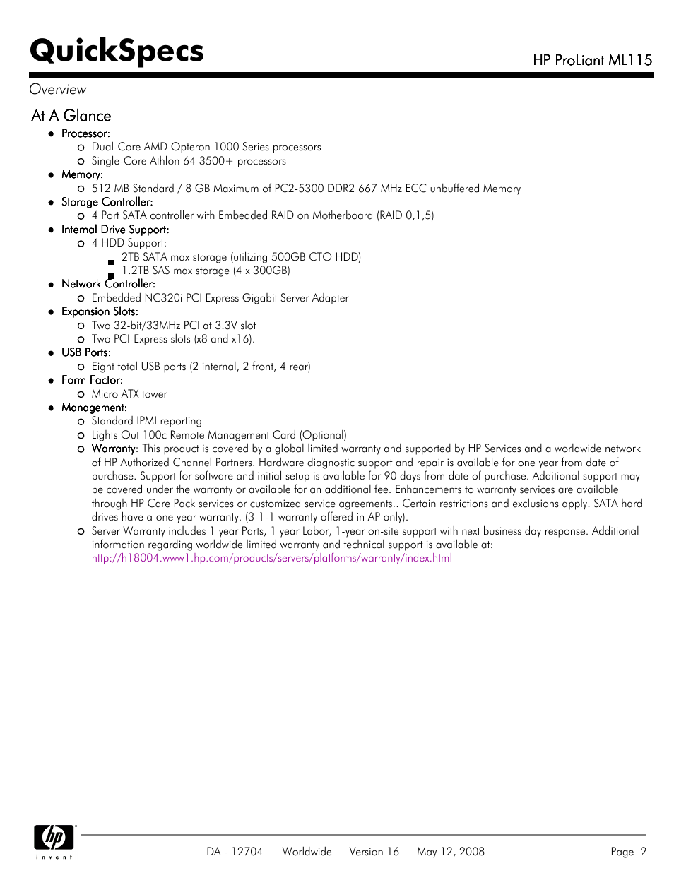 Quickspecs, At a glance, Hp proliant ml115 | Hp proliant ml115 overview | HP ML115 User Manual | Page 2 / 26