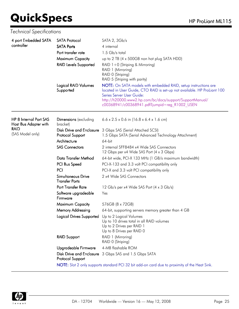 Quickspecs, Hp proliant ml115, Hp proliant ml115 technical specifications | HP ML115 User Manual | Page 25 / 26