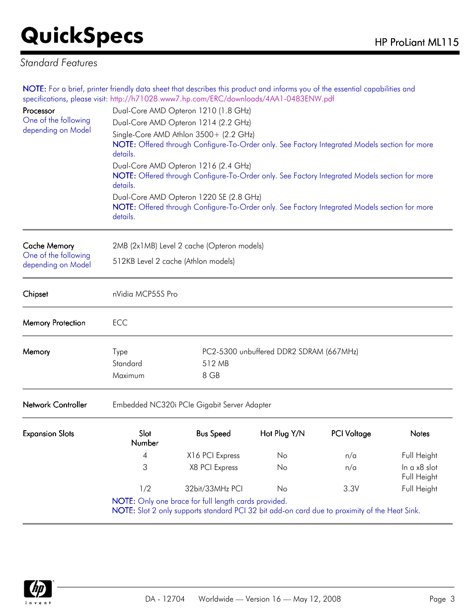 Standard features, Quickspecs, Hp proliant ml115 | Hp proliant ml115 standard features | HP ML115 User Manual | Page 3 / 26