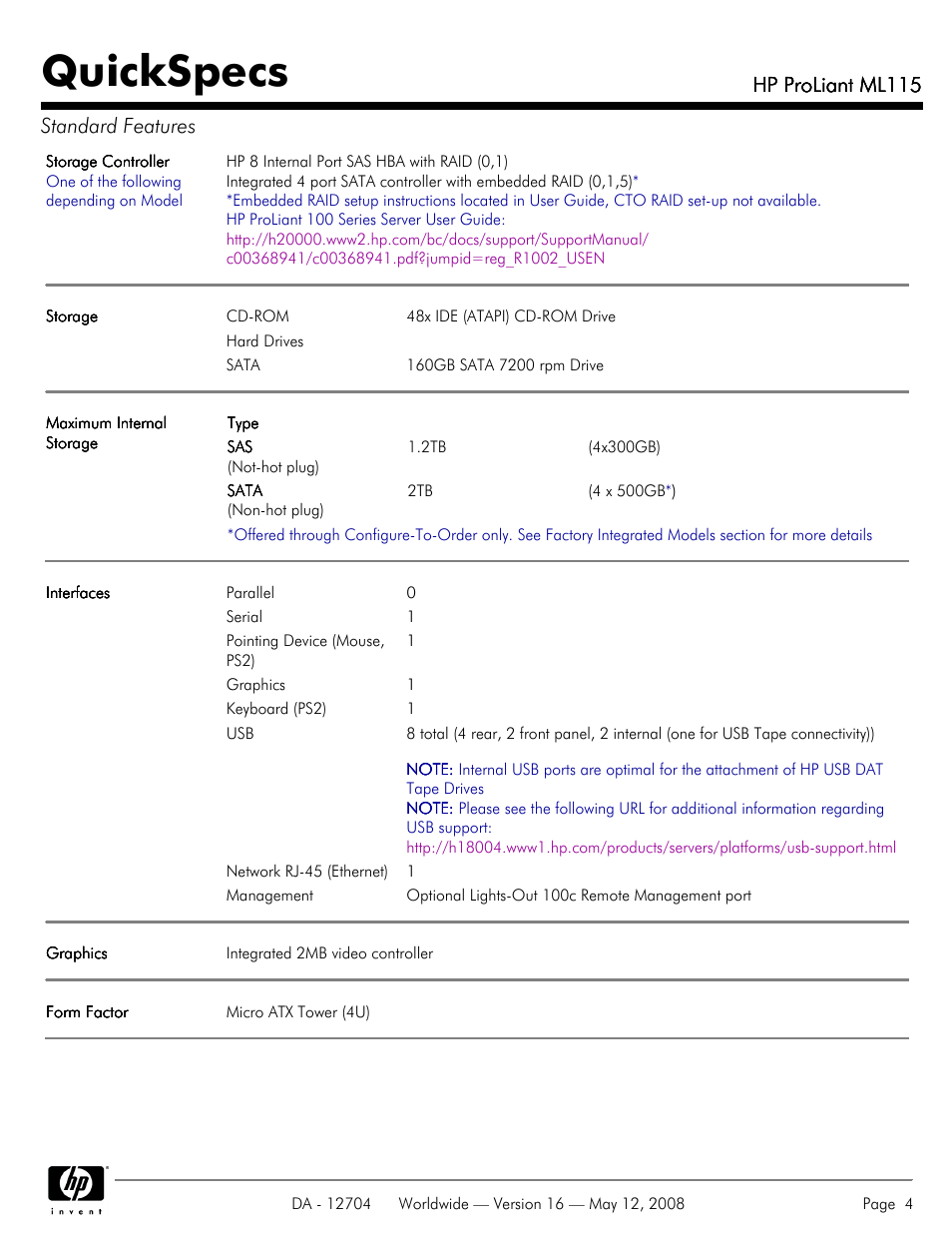 Quickspecs, Hp proliant ml115, Hp proliant ml115 standard features | HP ML115 User Manual | Page 4 / 26