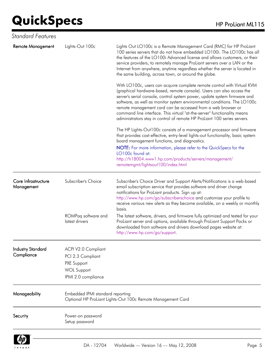 Quickspecs, Hp proliant ml115, Hp proliant ml115 standard features | HP ML115 User Manual | Page 5 / 26
