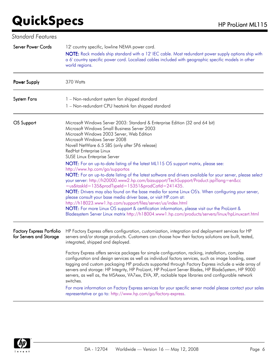 Quickspecs, Hp proliant ml115, Hp proliant ml115 standard features | HP ML115 User Manual | Page 6 / 26