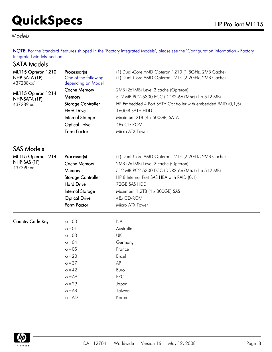 Models, Quickspecs, Sata models | Sas models, Hp proliant ml115, Hp proliant ml115 models | HP ML115 User Manual | Page 8 / 26