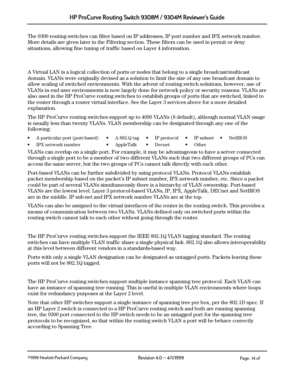 Layer€4 filtering, Vlans, Ieee 802.1q vlan support | Ieee 802.1d spanning tree protocol, 2 layer 4 filtering, 5 vlans | HP 9304M User Manual | Page 14 / 27