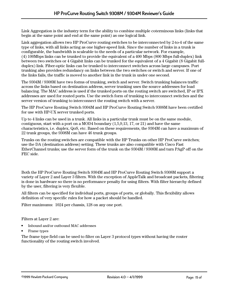 Port trunking (link aggregation), Filtering, Layer 2 filtering | 6 port trunking (link aggregation), 7 filtering | HP 9304M User Manual | Page 15 / 27