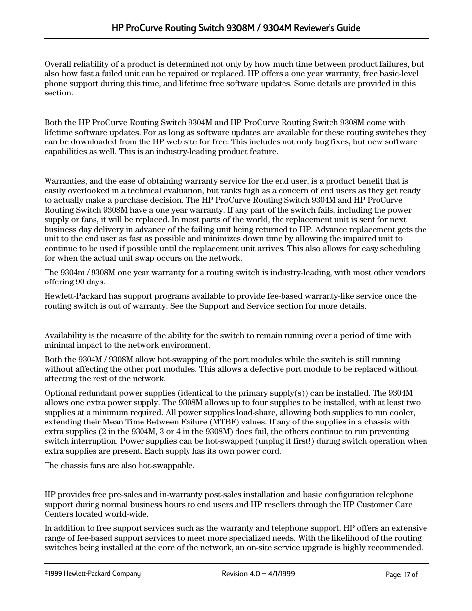 Reliability, Lifetime software updates (best in the industry), 9 reliability | Warranty - one year, Availability, Service and support | HP 9304M User Manual | Page 17 / 27