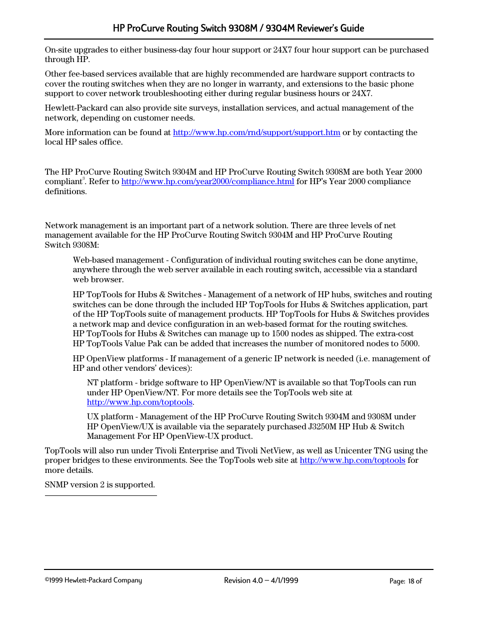Network management, Year 2000 compliance, 10 network management | HP 9304M User Manual | Page 18 / 27