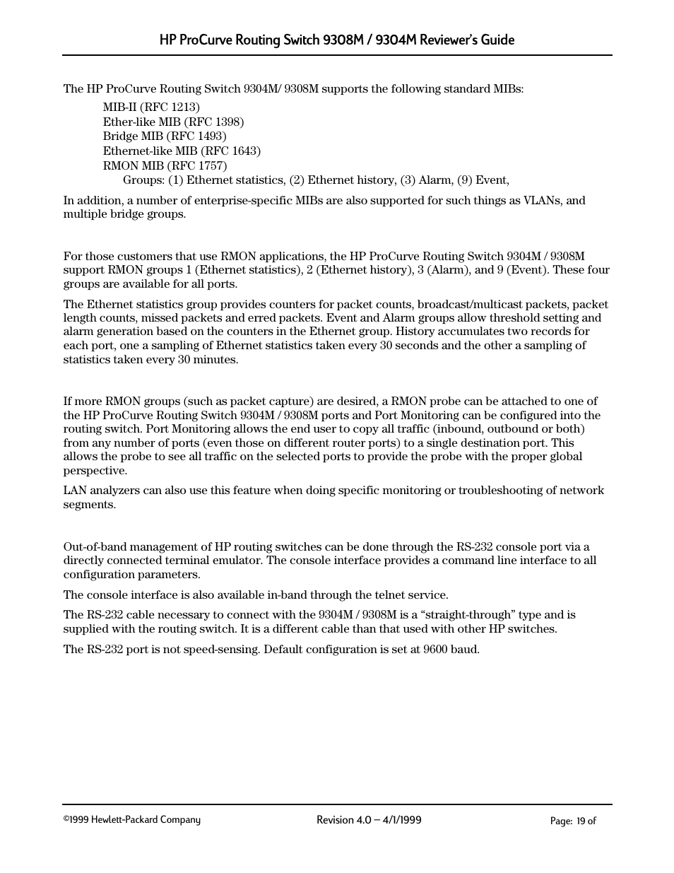 Mib support, Rmon support, Network monitoring port | Console support | HP 9304M User Manual | Page 19 / 27