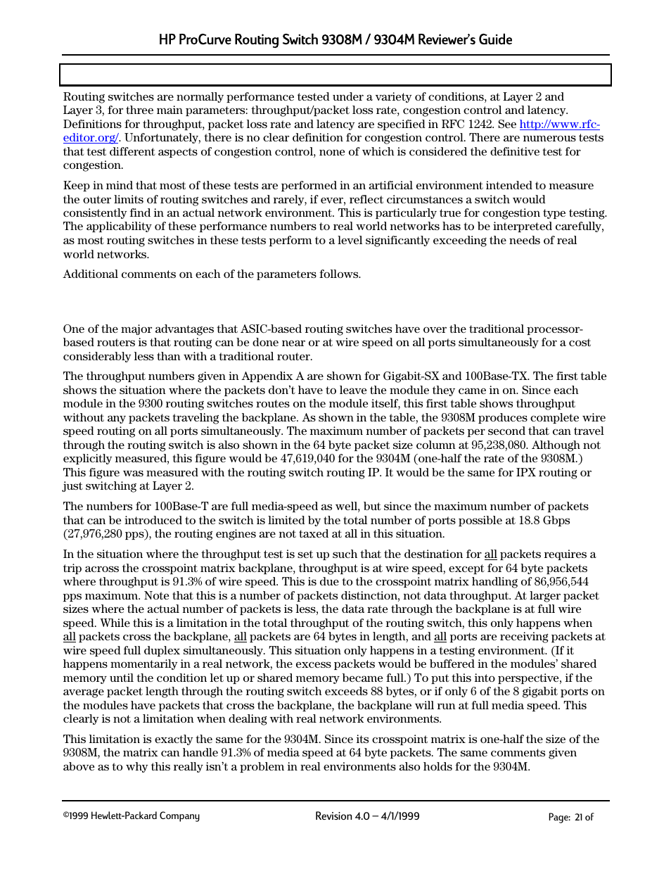 Performance testing, Throughput/packet loss rate, 1 throughput/packet loss rate | HP 9304M User Manual | Page 21 / 27