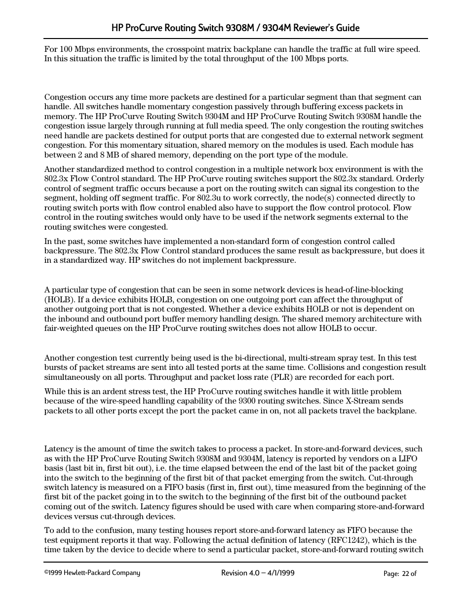 Congestion control, Latency, 2 congestion control | Head-of-line-blocking, Bi-directional congestion testing (x-stream), 3 latency | HP 9304M User Manual | Page 22 / 27
