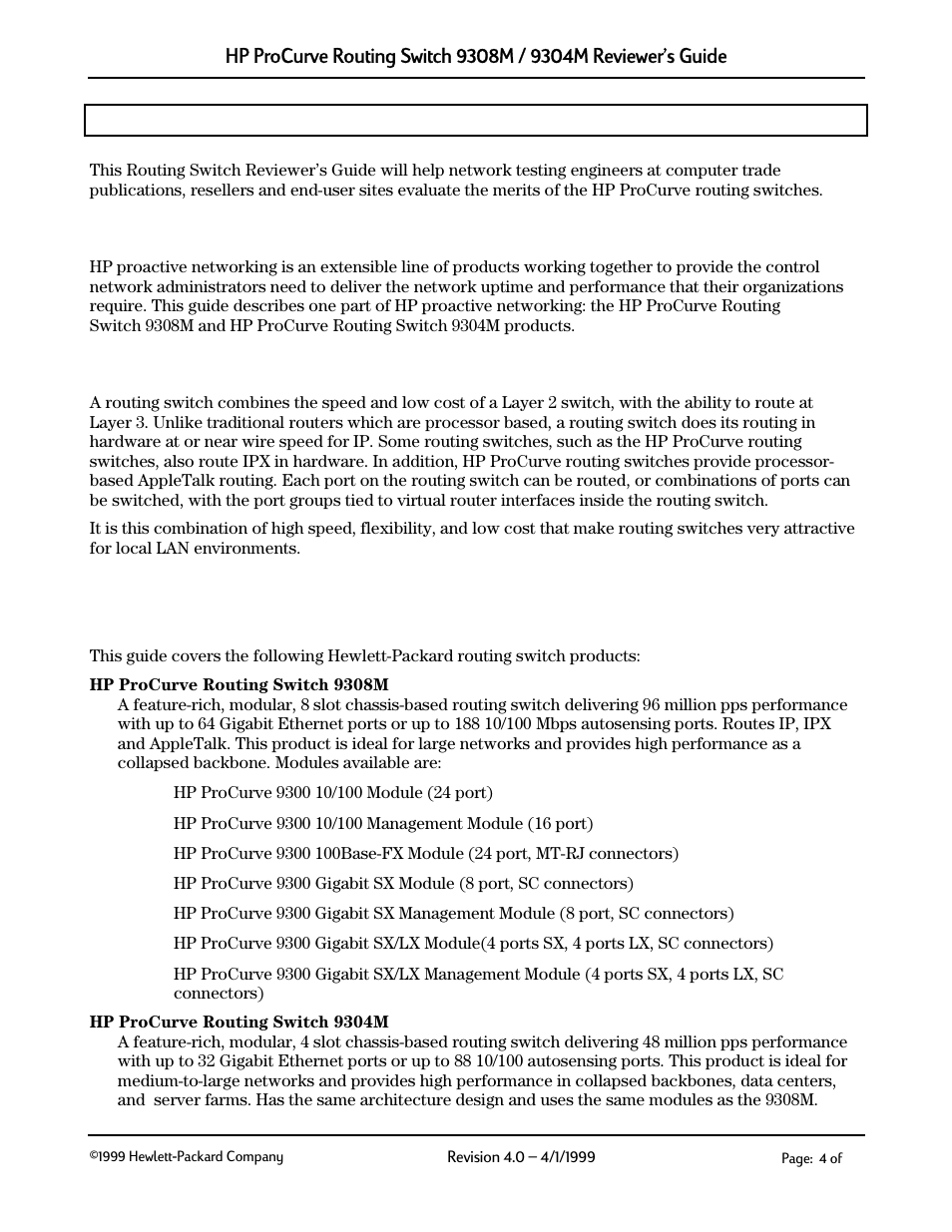 Background, Hp™s proactive networking, What is a routing switch | Hewlett-packard switch products, Hp procurve routing switches covered in this guide, 1 hp’s proactive networking, 2 what is a routing switch, 3 hewlett-packard switch products | HP 9304M User Manual | Page 4 / 27