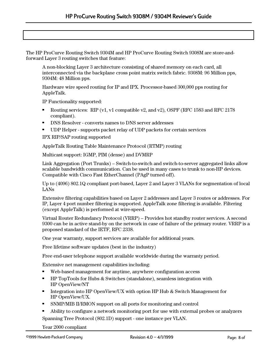 Evaluation features and benefits, Feature set summary, 1 feature set summary | HP 9304M User Manual | Page 8 / 27