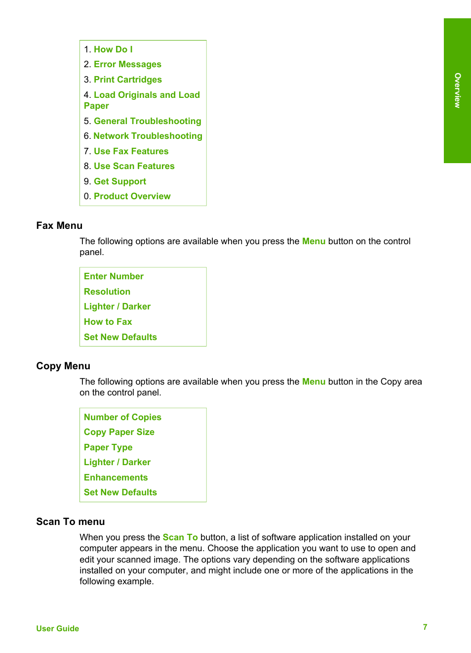 Fax menu, Copy menu, Scan to menu | HP 6300 User Manual | Page 10 / 167