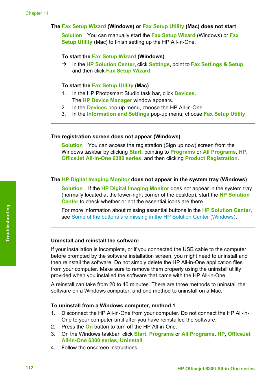 Uninstall and reinstall the software, Uninstall and, Reinstall the software | Uninstall, And reinstall the software | HP 6300 User Manual | Page 115 / 167