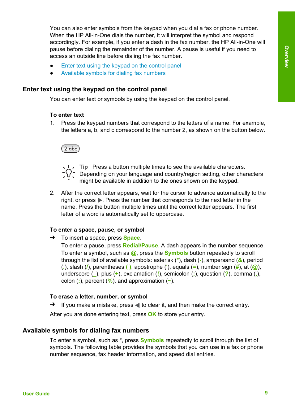 Enter text using the keypad on the control panel, Available symbols for dialing fax numbers | HP 6300 User Manual | Page 12 / 167