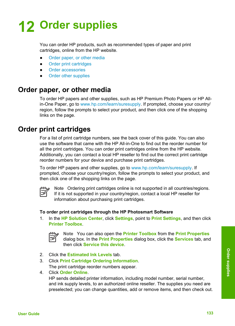 Order supplies, Order paper, or other media, Order print cartridges | 12 order supplies, Order paper, or other media order print cartridges | HP 6300 User Manual | Page 136 / 167
