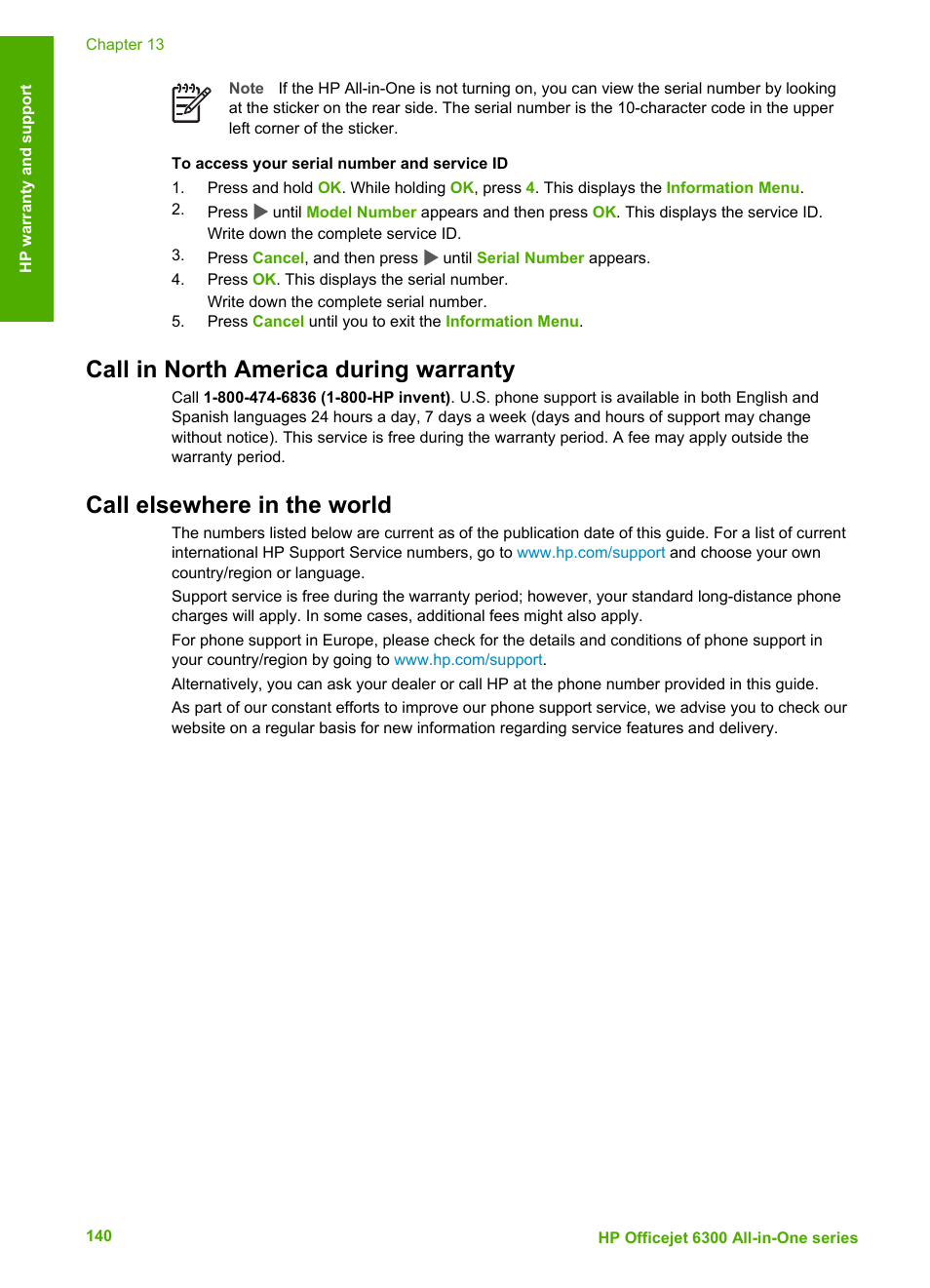 Call in north america during warranty, Call elsewhere in the world, Call elsewhere in | The world | HP 6300 User Manual | Page 143 / 167