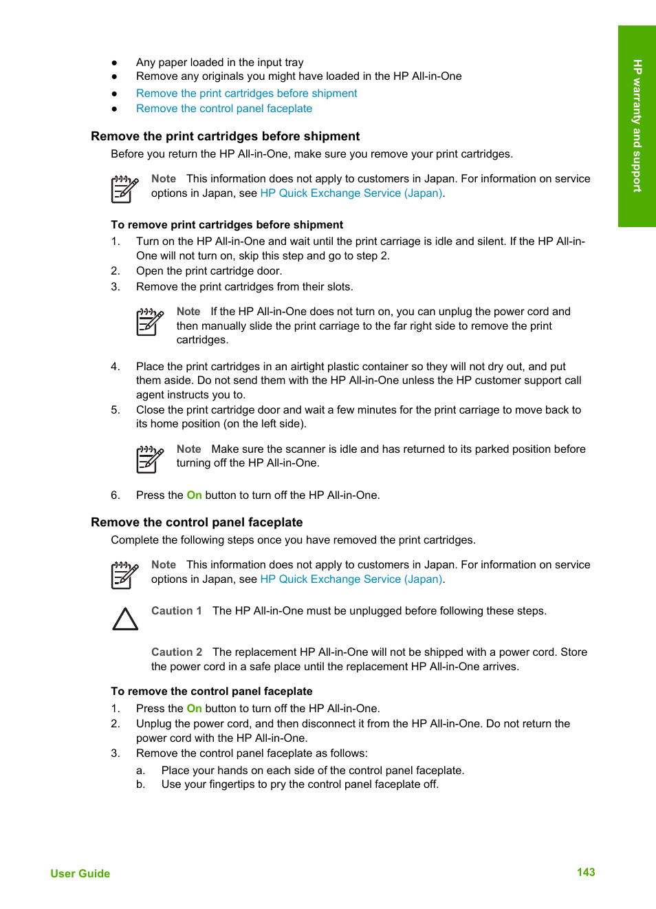 Remove the print cartridges before shipment, Remove the control panel faceplate | HP 6300 User Manual | Page 146 / 167