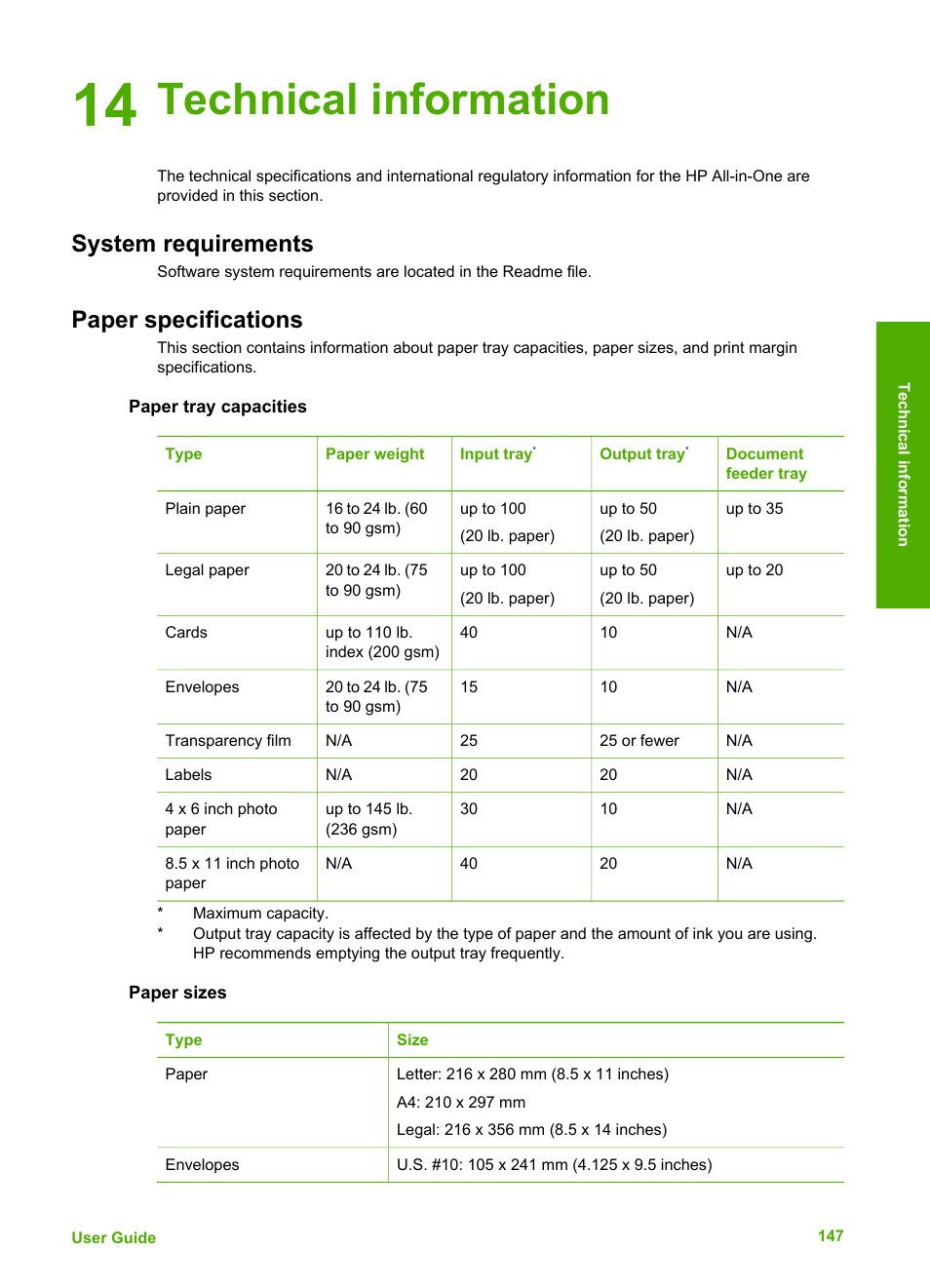 Technical information, System requirements, Paper specifications | Paper tray capacities, Paper sizes, 14 technical information, System requirements paper specifications | HP 6300 User Manual | Page 150 / 167