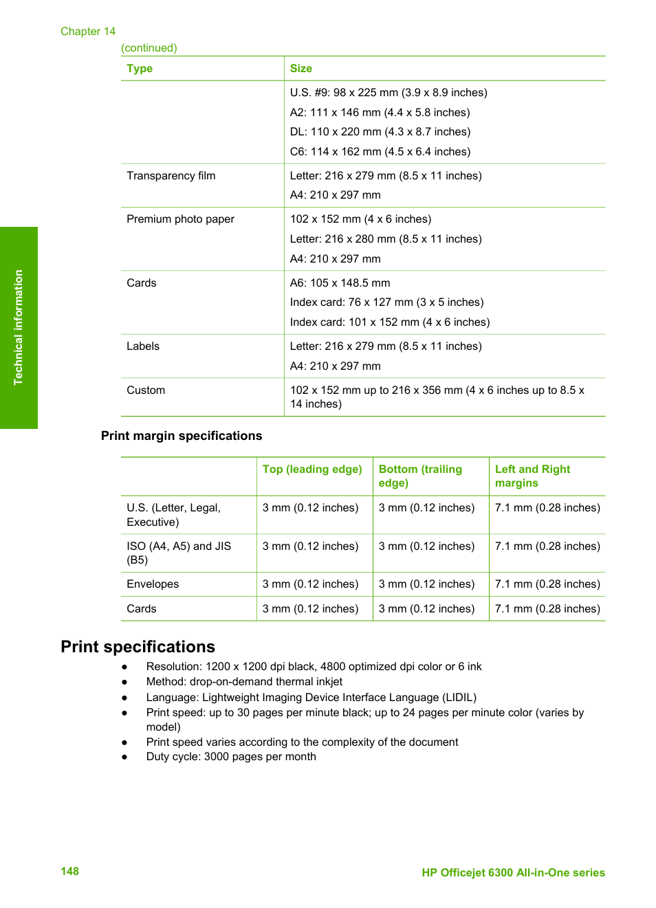 Print margin specifications, Print specifications | HP 6300 User Manual | Page 151 / 167