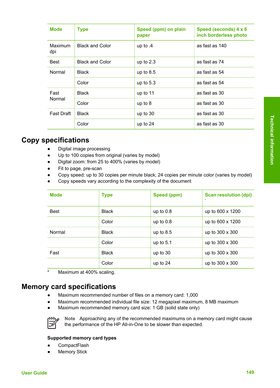 Copy specifications, Memory card specifications, Copy specifications memory card specifications | HP 6300 User Manual | Page 152 / 167