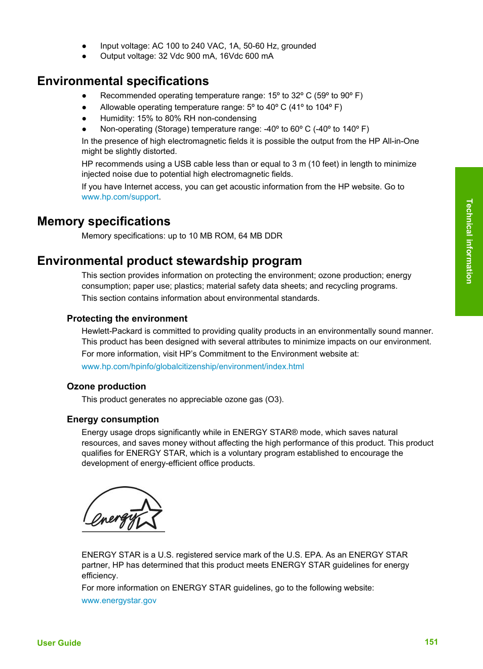 Environmental specifications, Memory specifications, Environmental product stewardship program | Protecting the environment, Ozone production, Energy consumption | HP 6300 User Manual | Page 154 / 167