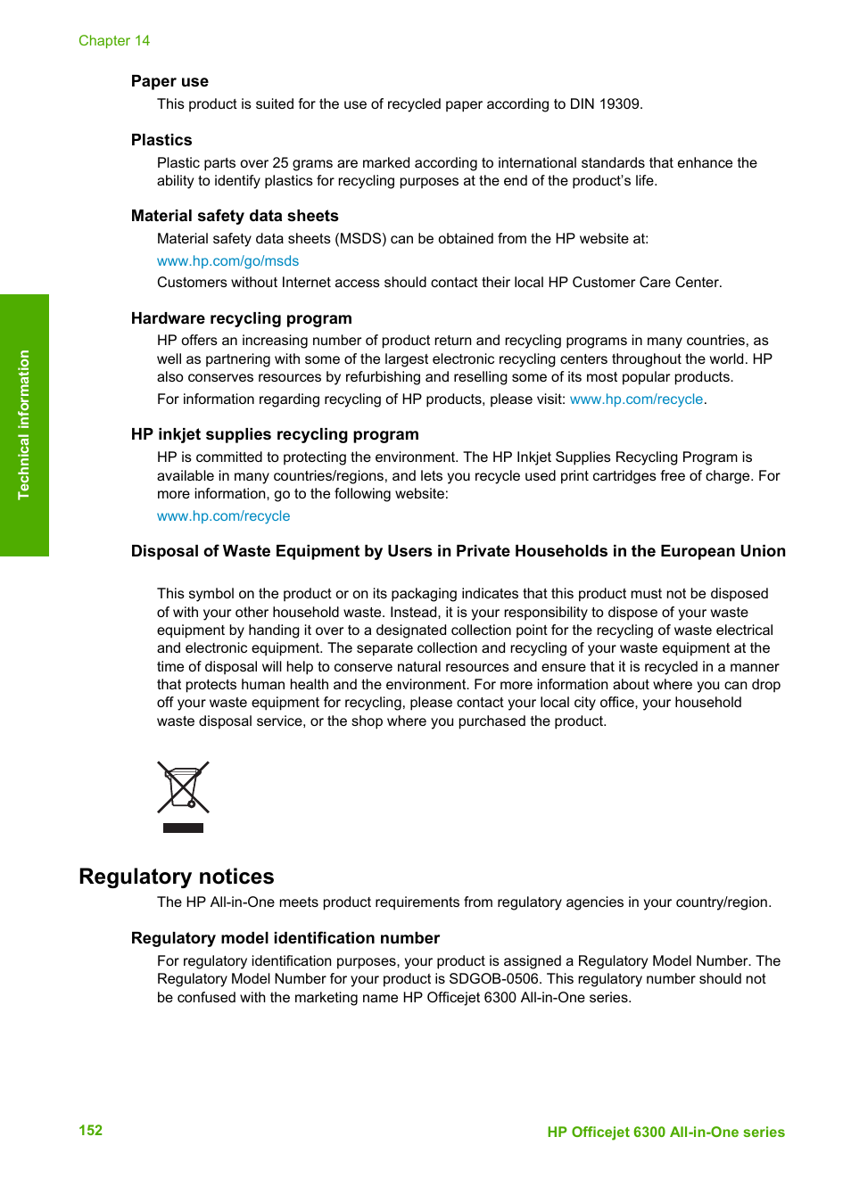 Paper use, Plastics, Material safety data sheets | Hardware recycling program, Hp inkjet supplies recycling program, Regulatory notices, Regulatory model identification number | HP 6300 User Manual | Page 155 / 167