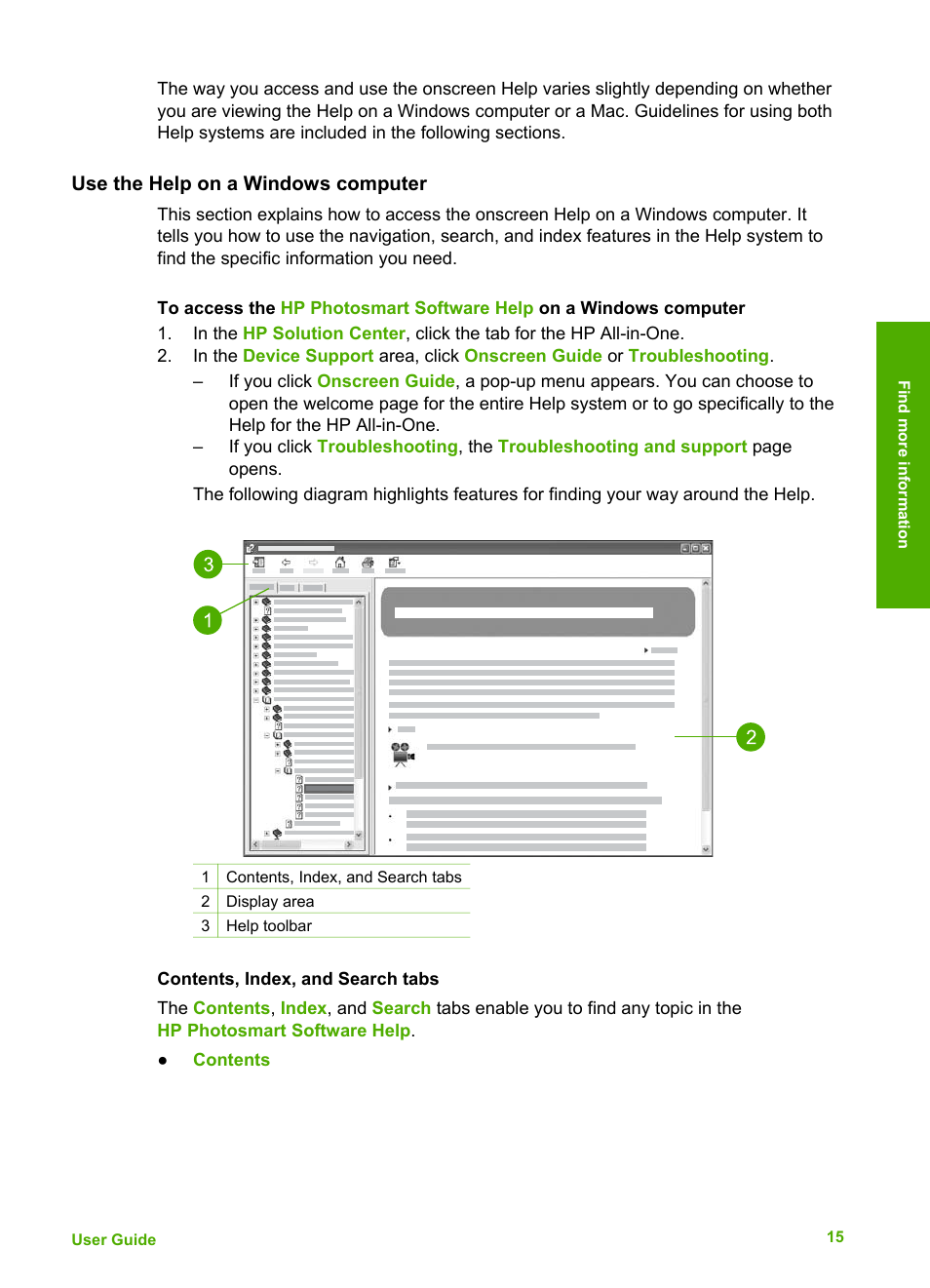Use the help on a windows computer, Contents, index, and search tabs | HP 6300 User Manual | Page 18 / 167