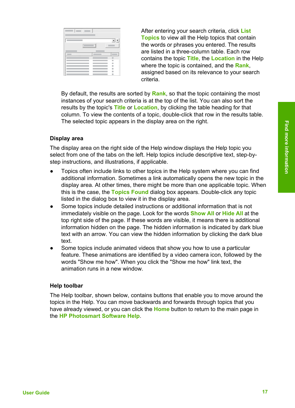 Display area, Help toolbar | HP 6300 User Manual | Page 20 / 167