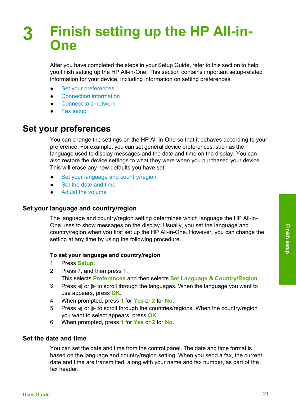 Finish setting up the hp all-in-one, Set your preferences, Set your language and country/region | Set the date and time, Finish setting up the hp all-in- one | HP 6300 User Manual | Page 24 / 167