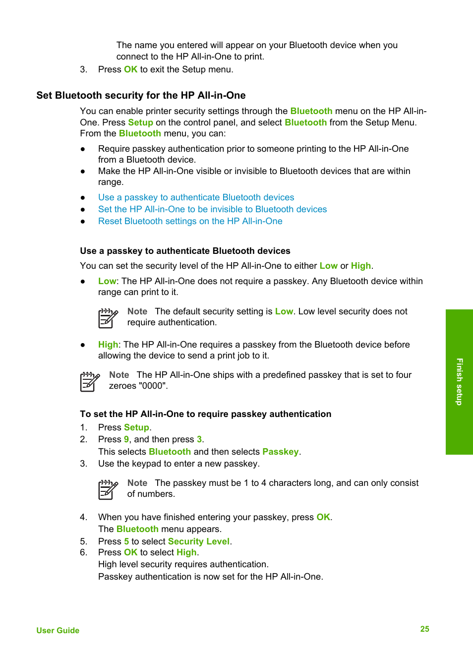 Set bluetooth security for the hp all-in-one, Use a passkey to authenticate bluetooth devices | HP 6300 User Manual | Page 28 / 167