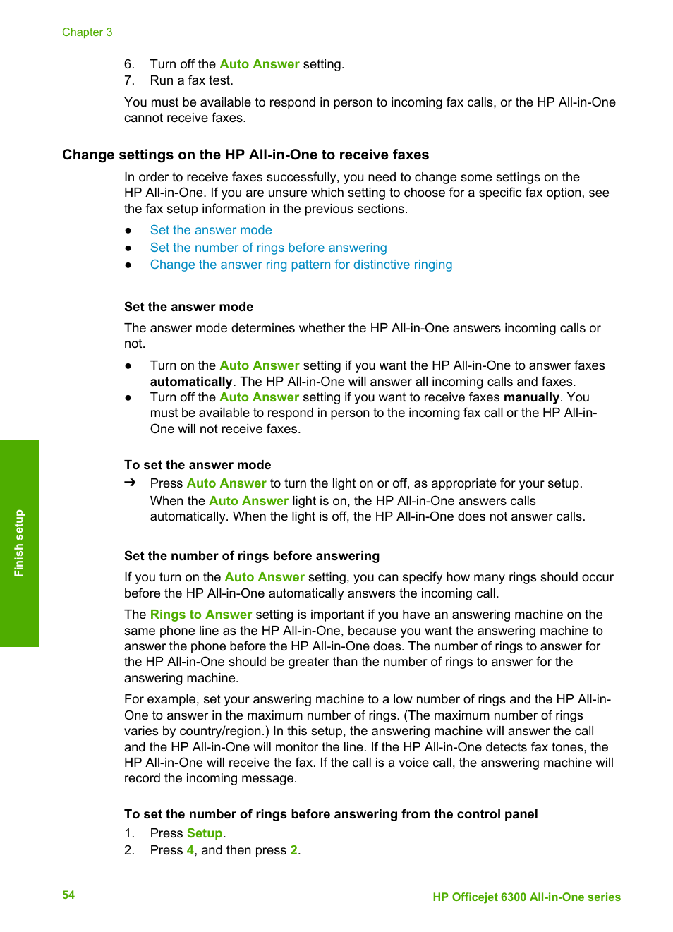 Set the answer mode, Set the number of rings before answering | HP 6300 User Manual | Page 57 / 167