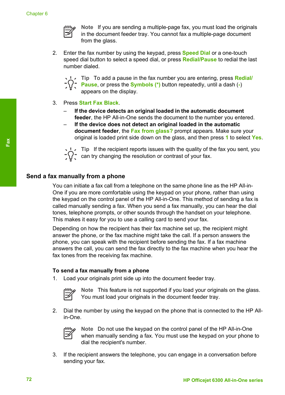 Send a fax manually from a phone | HP 6300 User Manual | Page 75 / 167