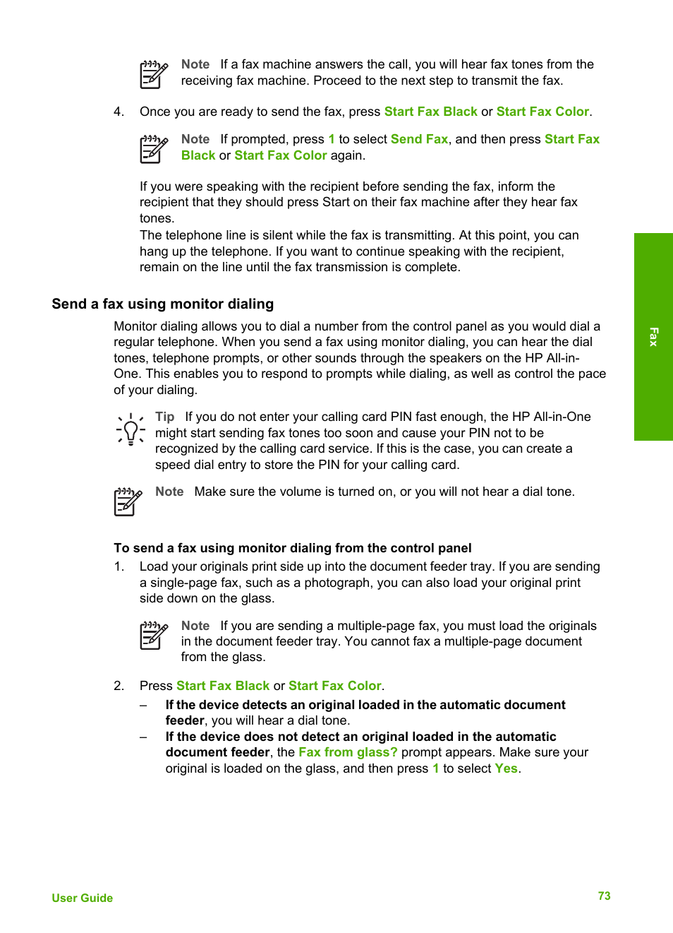 Send a fax using monitor dialing | HP 6300 User Manual | Page 76 / 167