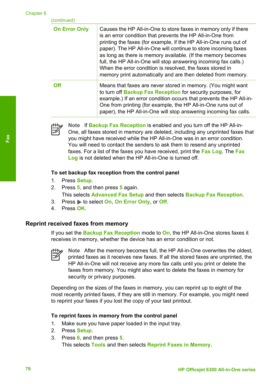 Reprint received faxes from memory | HP 6300 User Manual | Page 79 / 167