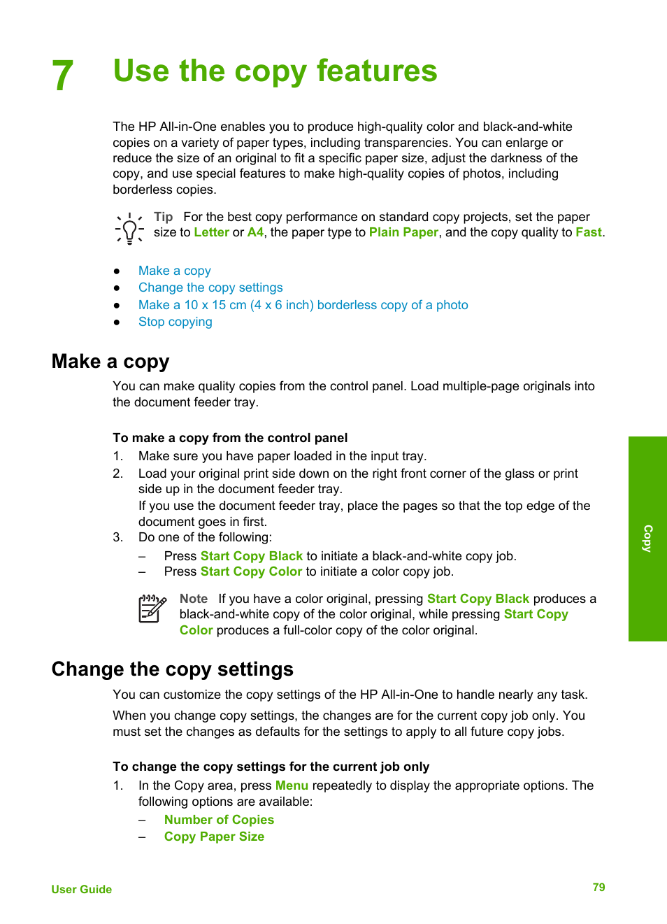 Use the copy features, Make a copy, Change the copy settings | Make a copy change the copy settings | HP 6300 User Manual | Page 82 / 167