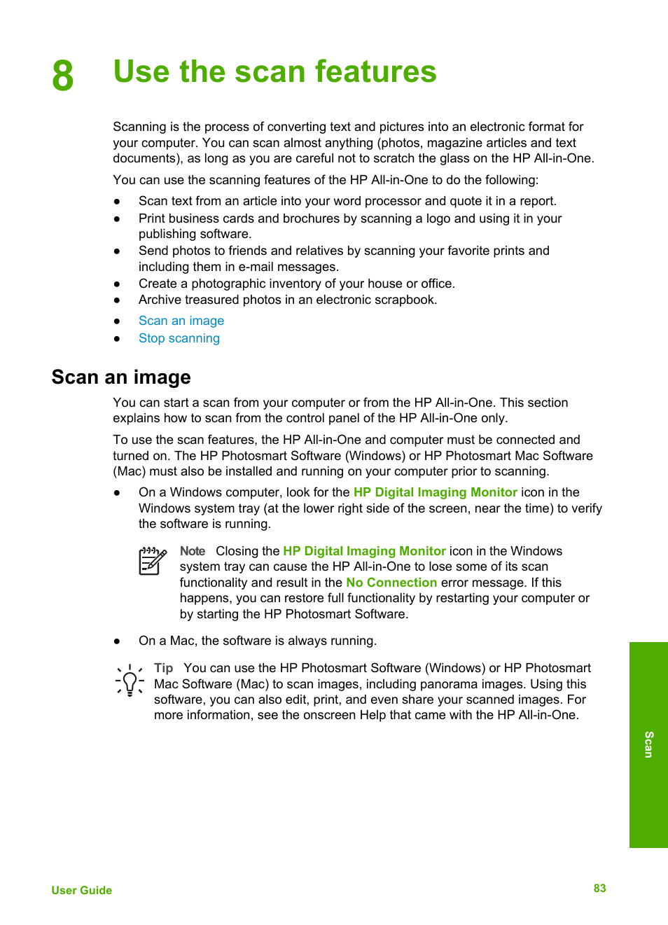 Use the scan features, Scan an image | HP 6300 User Manual | Page 86 / 167