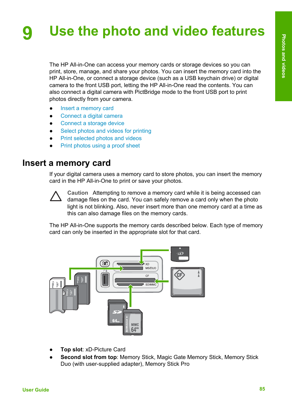 Use the photo and video features, Insert a memory card | HP 6300 User Manual | Page 88 / 167