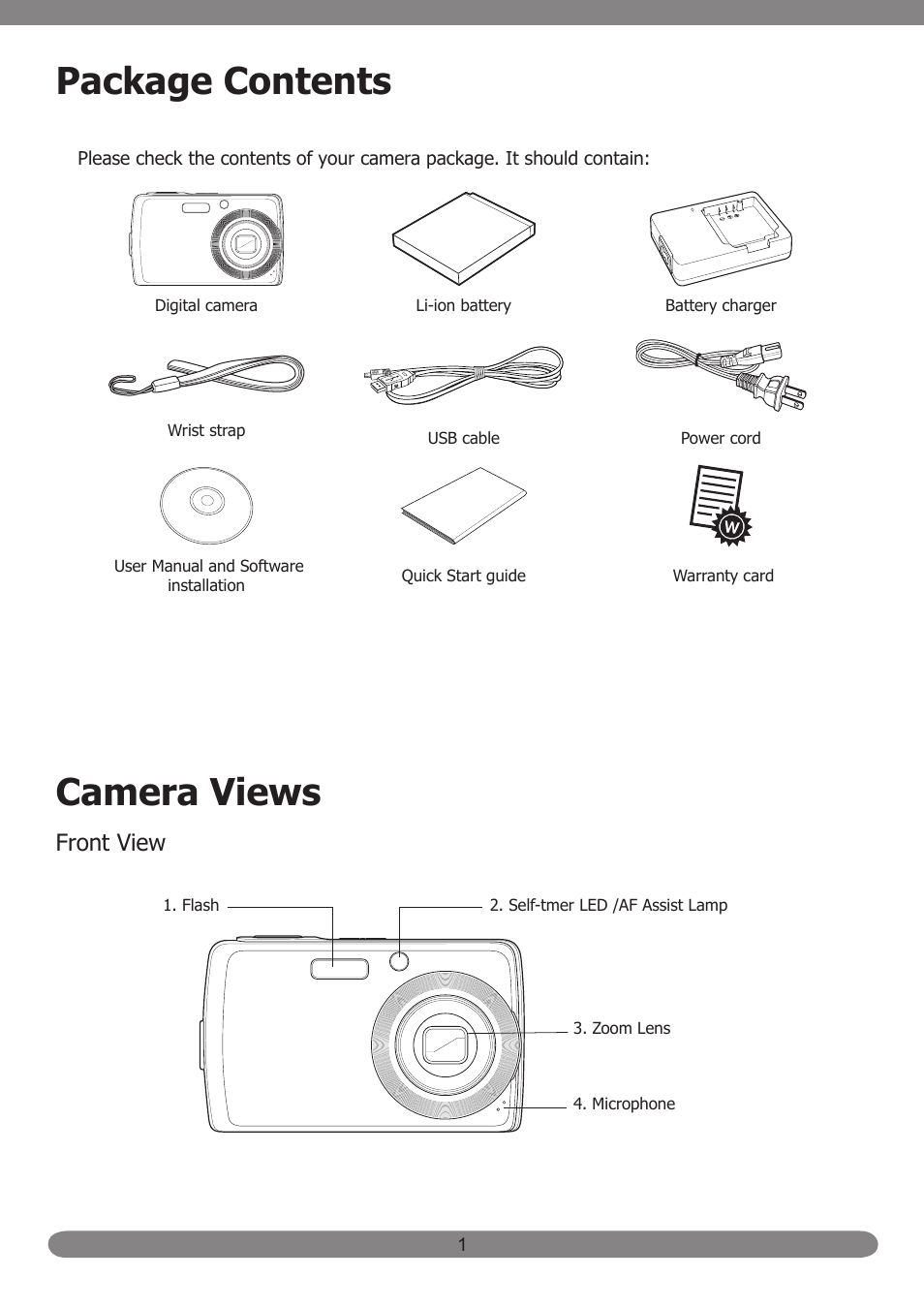 Package contents, Camera views, Front view | HP PB360T User Manual | Page 10 / 64