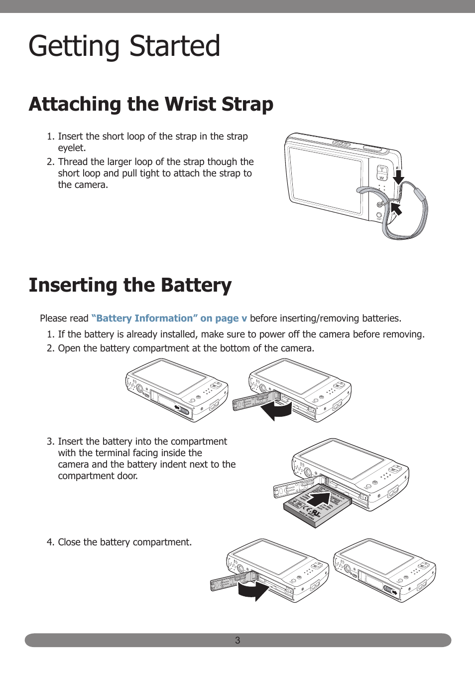Getting started, Attaching the wrist strap, Inserting the battery | HP PB360T User Manual | Page 12 / 64